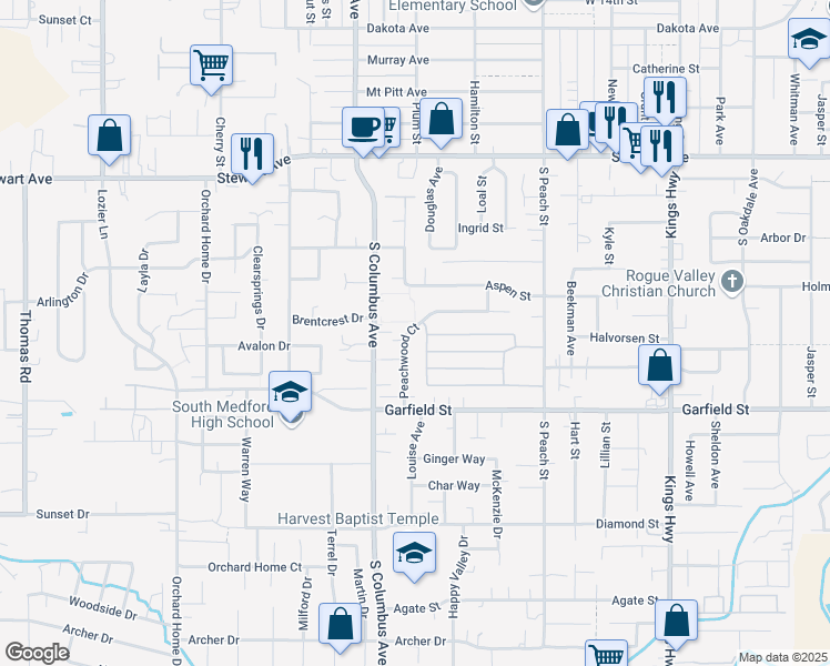 map of restaurants, bars, coffee shops, grocery stores, and more near 1109 Peachwood Court in Medford