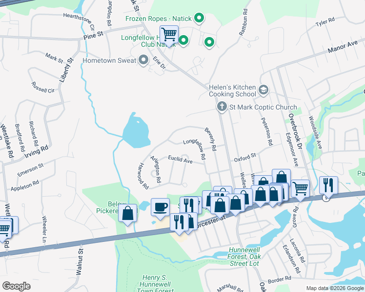 map of restaurants, bars, coffee shops, grocery stores, and more near 11 Euclid Circle in Natick