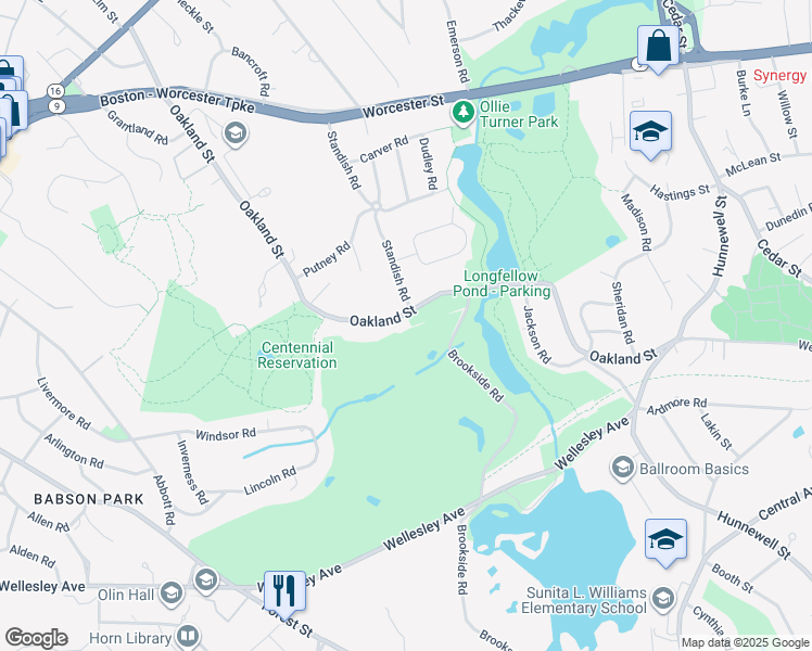 map of restaurants, bars, coffee shops, grocery stores, and more near 179 Oakland Street in Wellesley