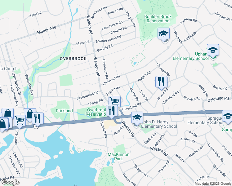 map of restaurants, bars, coffee shops, grocery stores, and more near 11 Wilde Road in Wellesley