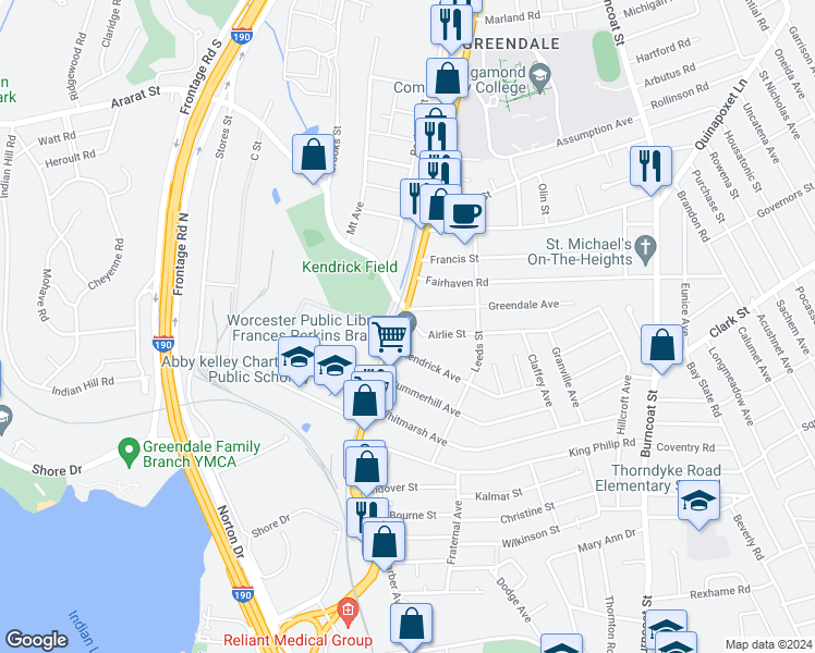 map of restaurants, bars, coffee shops, grocery stores, and more near 6 Airlie Street in Worcester