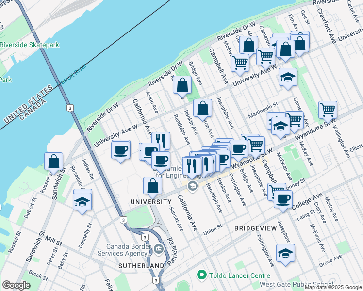 map of restaurants, bars, coffee shops, grocery stores, and more near 2246 Fanchette Street in Windsor