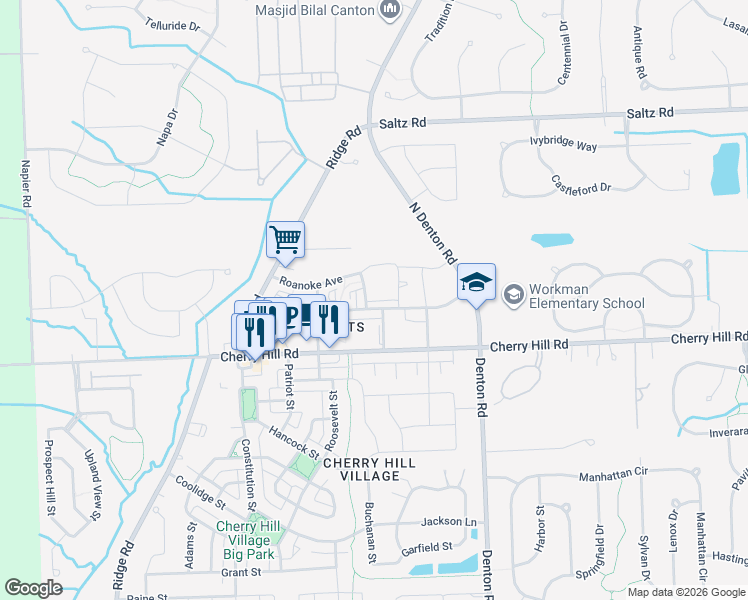 map of restaurants, bars, coffee shops, grocery stores, and more near 49730 Uptown Avenue in Canton