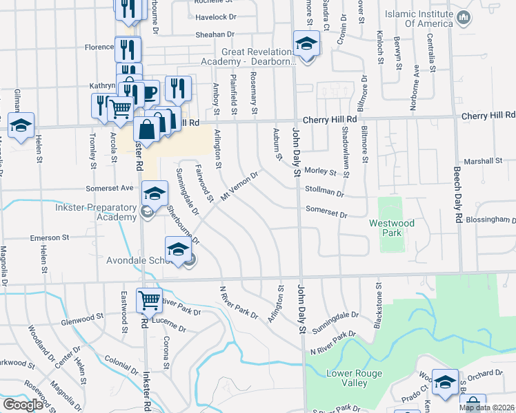 map of restaurants, bars, coffee shops, grocery stores, and more near 610 Arlington Street in Inkster