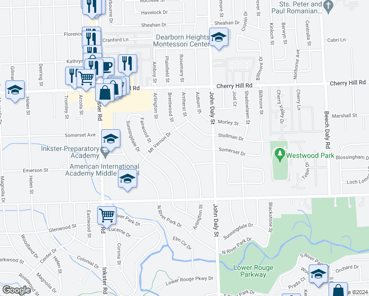 map of restaurants, bars, coffee shops, grocery stores, and more near 609 Arlington Street in Inkster
