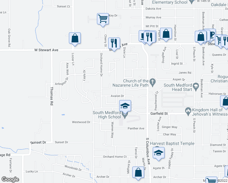 map of restaurants, bars, coffee shops, grocery stores, and more near 1432 Avalon Drive in Medford