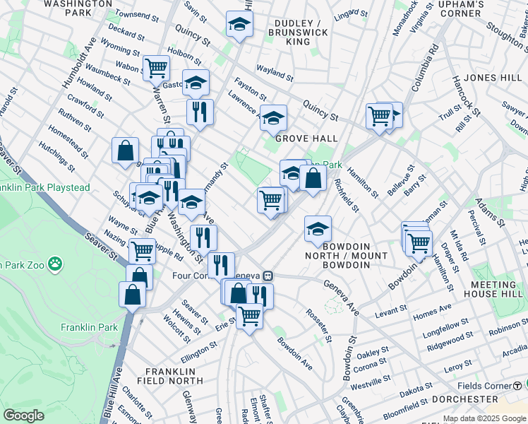 map of restaurants, bars, coffee shops, grocery stores, and more near 151 Stanwood Street in Boston