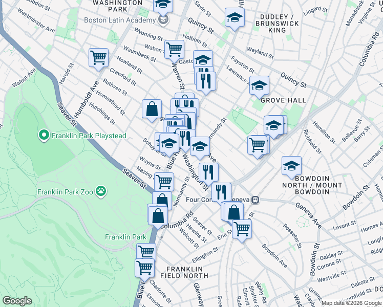 map of restaurants, bars, coffee shops, grocery stores, and more near 2 Bilodeau Road in Boston
