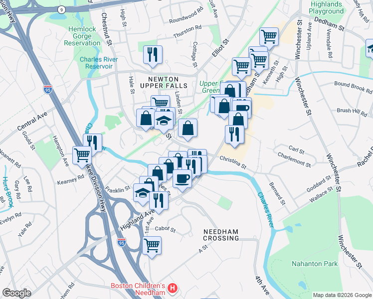 map of restaurants, bars, coffee shops, grocery stores, and more near 14 Abbott Street in Newton