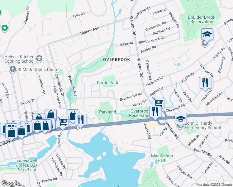 map of restaurants, bars, coffee shops, grocery stores, and more near 41 Beechwood Road in Wellesley