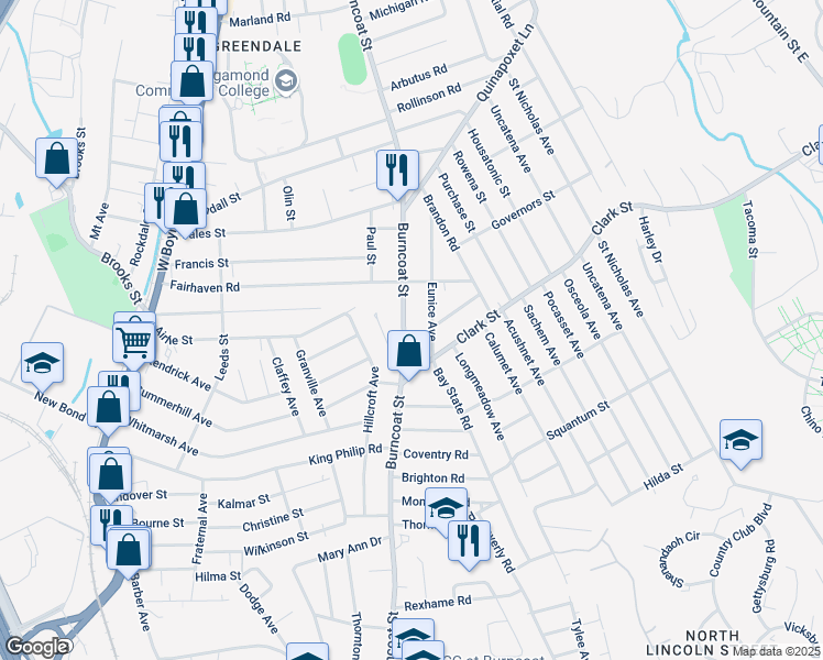 map of restaurants, bars, coffee shops, grocery stores, and more near 9 Eunice Avenue in Worcester