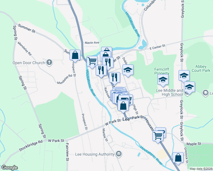 map of restaurants, bars, coffee shops, grocery stores, and more near 165 Main Street in Lee