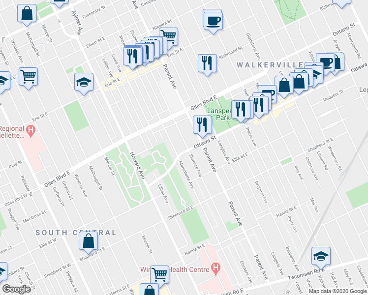 map of restaurants, bars, coffee shops, grocery stores, and more near 808 Ottawa Street in Windsor