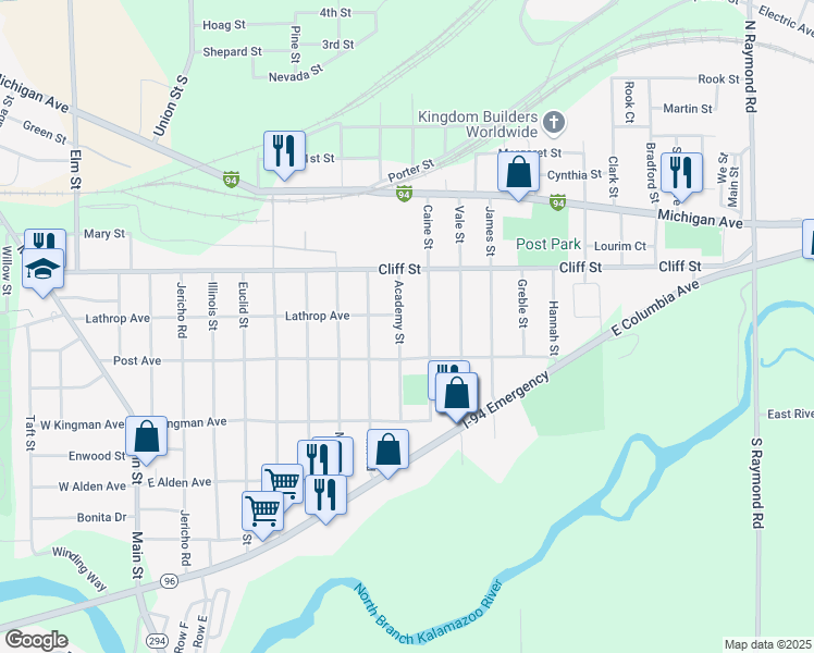 map of restaurants, bars, coffee shops, grocery stores, and more near 136 Academy Street in Battle Creek