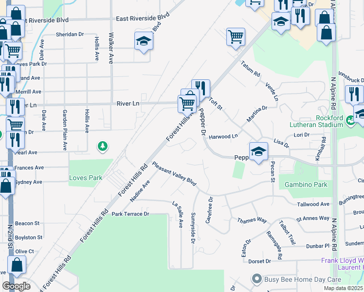 map of restaurants, bars, coffee shops, grocery stores, and more near 5725 Forest Hills Road in Rockford