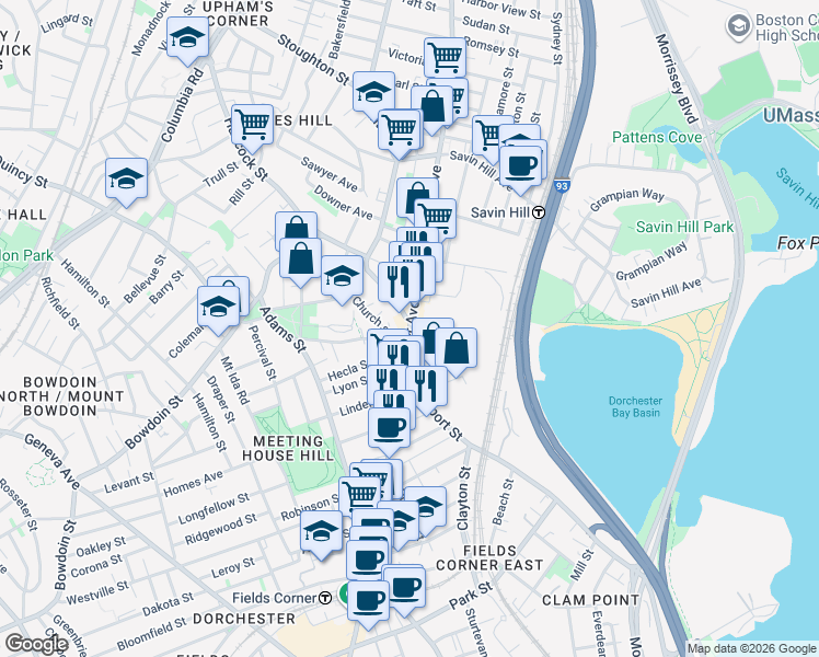 map of restaurants, bars, coffee shops, grocery stores, and more near Dorchester Avenue in Boston