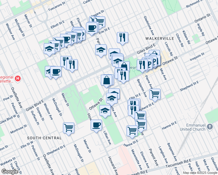 map of restaurants, bars, coffee shops, grocery stores, and more near 832 Ottawa Street in Windsor