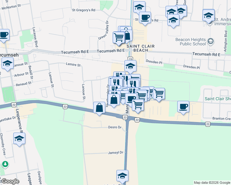 map of restaurants, bars, coffee shops, grocery stores, and more near 1655 Manning Road in Windsor