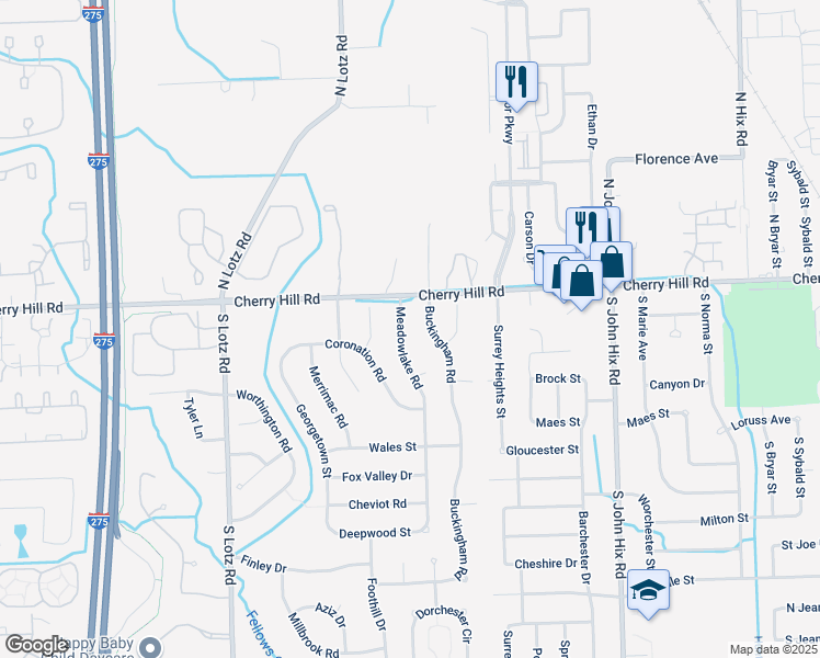 map of restaurants, bars, coffee shops, grocery stores, and more near 288 Meadowlake Road in Canton