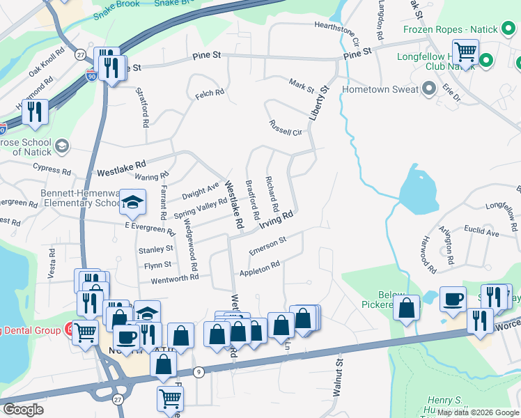 map of restaurants, bars, coffee shops, grocery stores, and more near 10 Irving Road in Natick