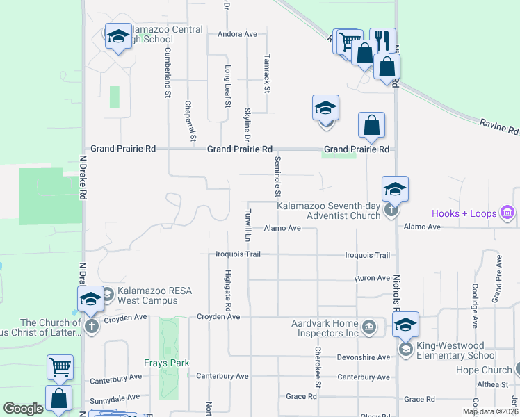 map of restaurants, bars, coffee shops, grocery stores, and more near 1615 Seminole Street in Kalamazoo