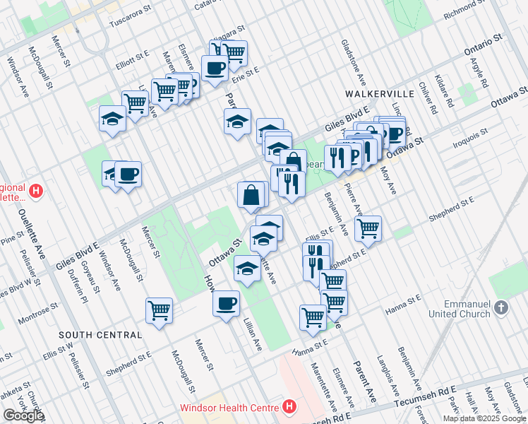 map of restaurants, bars, coffee shops, grocery stores, and more near 854 Ottawa Street in Windsor
