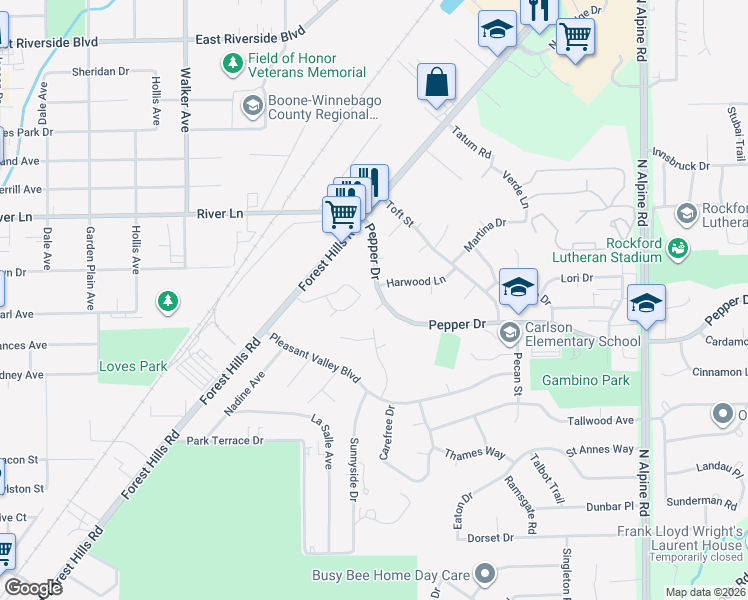 map of restaurants, bars, coffee shops, grocery stores, and more near 3210 Piper Court in Rockford