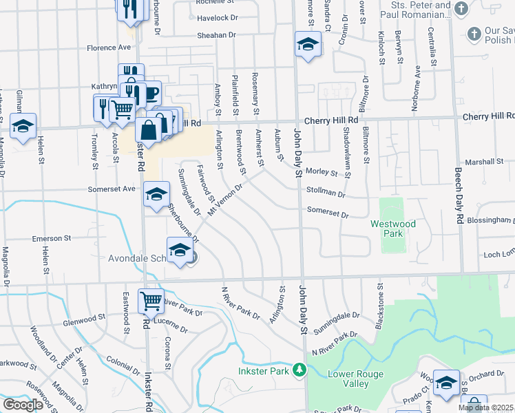 map of restaurants, bars, coffee shops, grocery stores, and more near 593 Arlington Street in Inkster