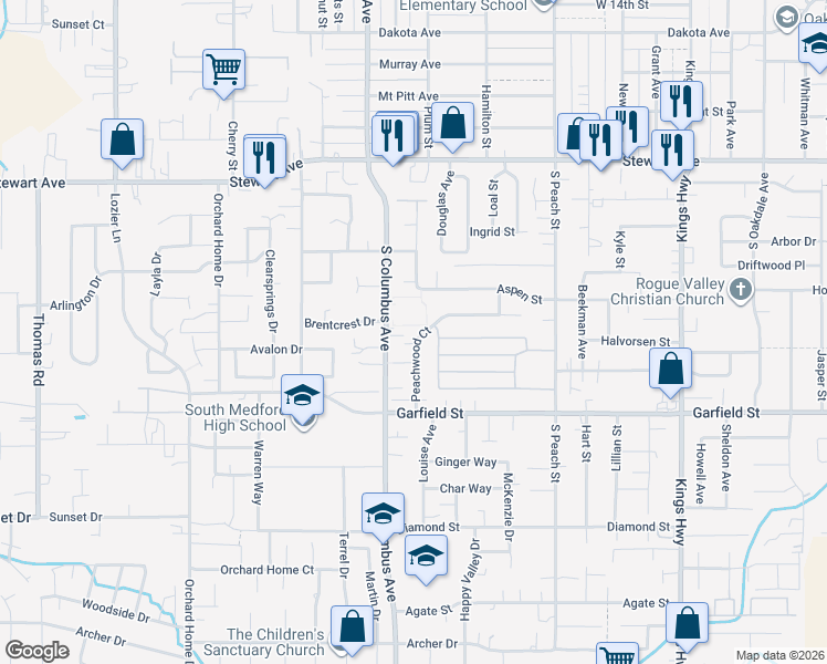 map of restaurants, bars, coffee shops, grocery stores, and more near 1106 Peachwood Court in Medford