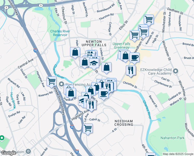 map of restaurants, bars, coffee shops, grocery stores, and more near 45 Butts Street in Newton