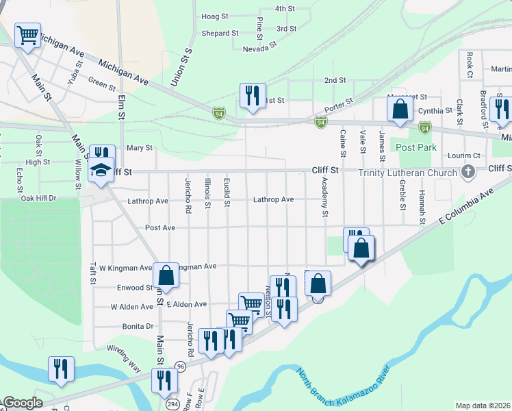 map of restaurants, bars, coffee shops, grocery stores, and more near 125 Grenville Street in Battle Creek
