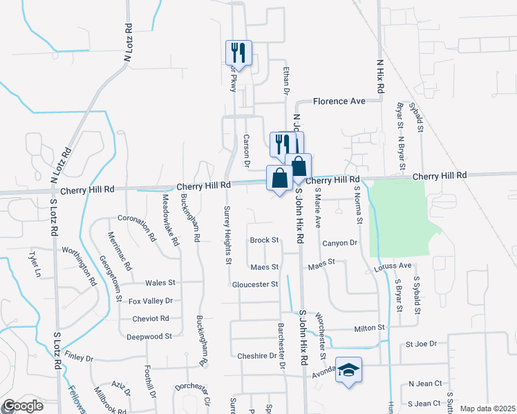 map of restaurants, bars, coffee shops, grocery stores, and more near 223 Dawson Court in Westland