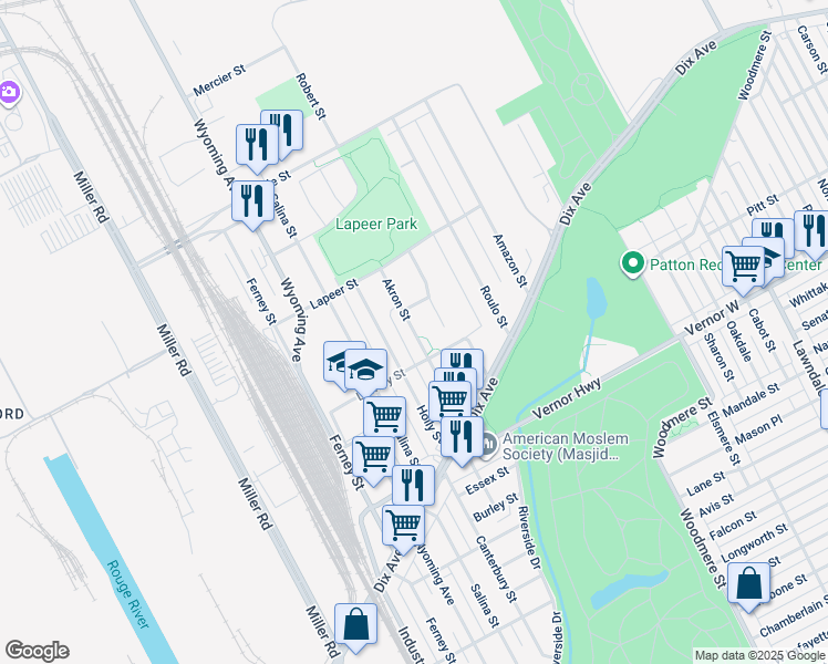 map of restaurants, bars, coffee shops, grocery stores, and more near 2731 Akron Street in Dearborn