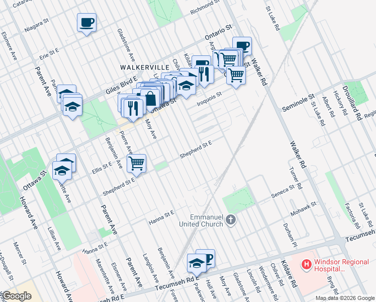 map of restaurants, bars, coffee shops, grocery stores, and more near 1513 Lincoln Road in Windsor