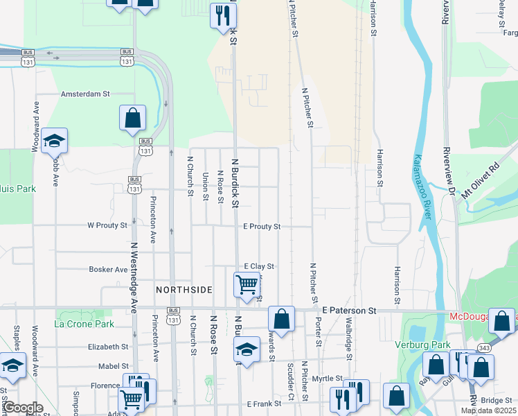 map of restaurants, bars, coffee shops, grocery stores, and more near 1629 Krom Street in Kalamazoo
