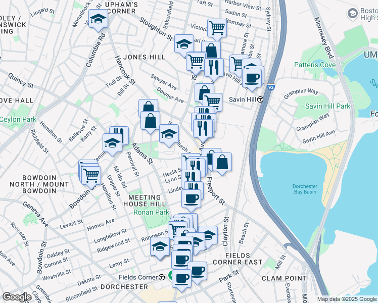 map of restaurants, bars, coffee shops, grocery stores, and more near 86 Church Street in Boston