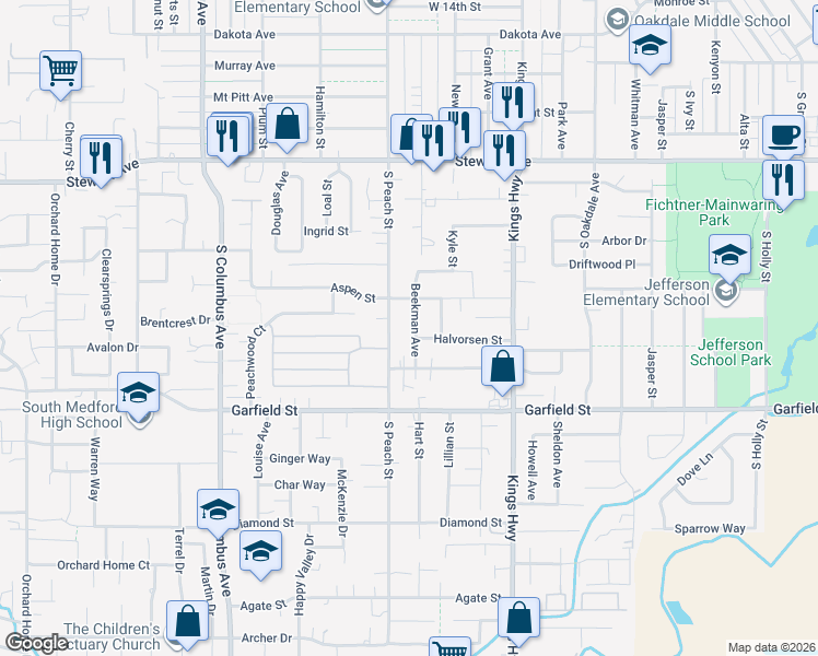 map of restaurants, bars, coffee shops, grocery stores, and more near 1457 Beekman Avenue in Medford