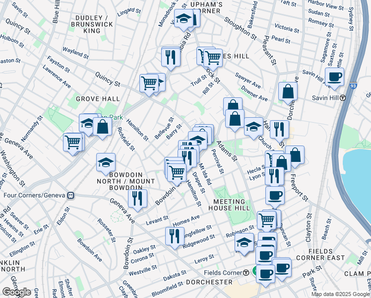 map of restaurants, bars, coffee shops, grocery stores, and more near 66 Coleman Street in Boston