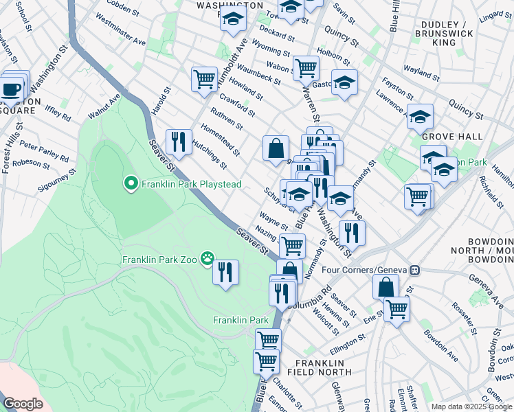 map of restaurants, bars, coffee shops, grocery stores, and more near 38 Wayne Street in Boston