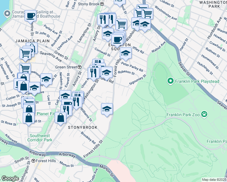 map of restaurants, bars, coffee shops, grocery stores, and more near 143 Forest Hills Street in Boston