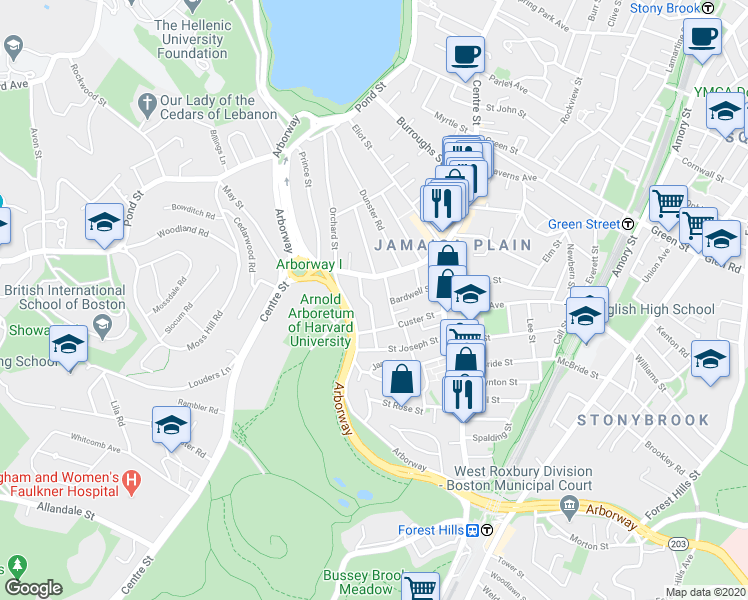 map of restaurants, bars, coffee shops, grocery stores, and more near 39 Ballard Street in Boston