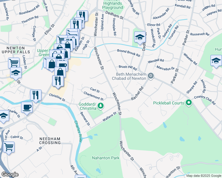 map of restaurants, bars, coffee shops, grocery stores, and more near 374 Winchester Street in Newton