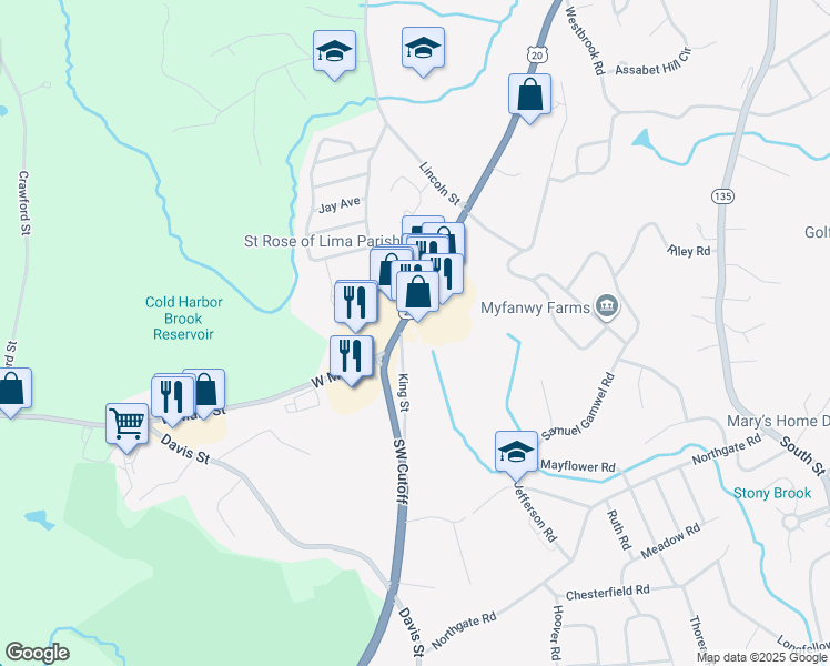 map of restaurants, bars, coffee shops, grocery stores, and more near 11 King Street in Northborough