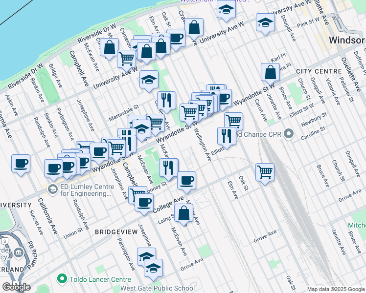 map of restaurants, bars, coffee shops, grocery stores, and more near 681 Cameron Avenue in Windsor