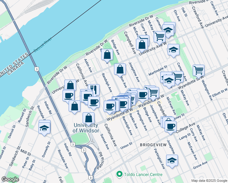 map of restaurants, bars, coffee shops, grocery stores, and more near 431 Randolph Avenue in Windsor