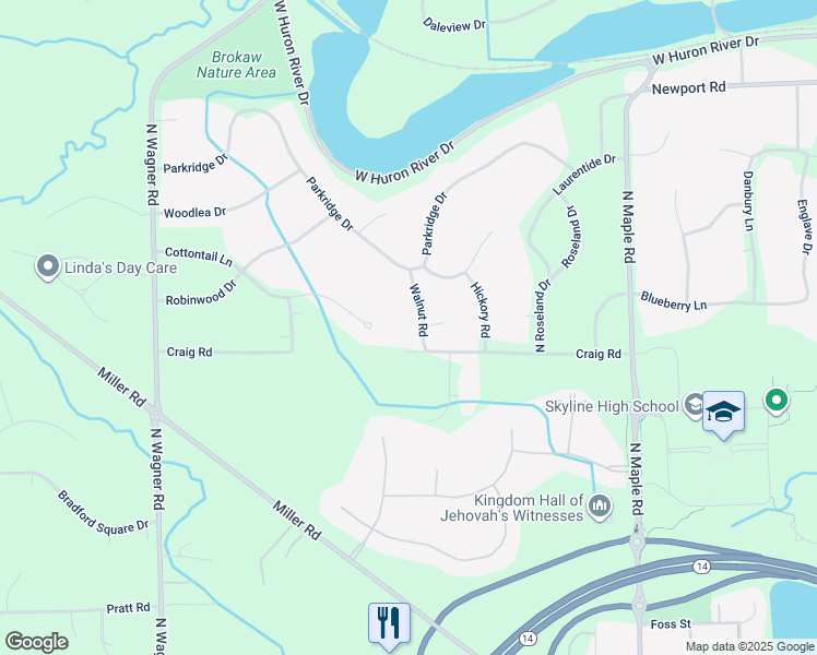 map of restaurants, bars, coffee shops, grocery stores, and more near 2521 Walnut Road in Ann Arbor