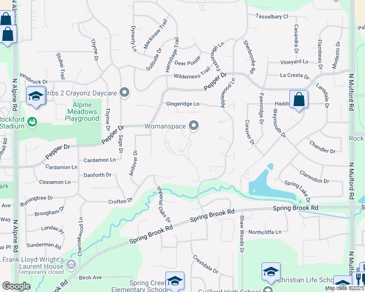 map of restaurants, bars, coffee shops, grocery stores, and more near 3330 Marie Linden Drive in Rockford