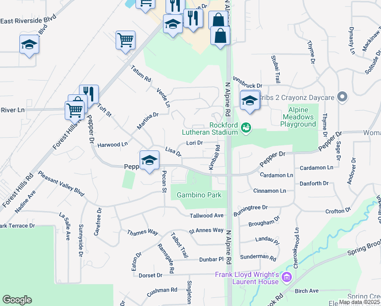 map of restaurants, bars, coffee shops, grocery stores, and more near 4304 Pepper Drive in Rockford
