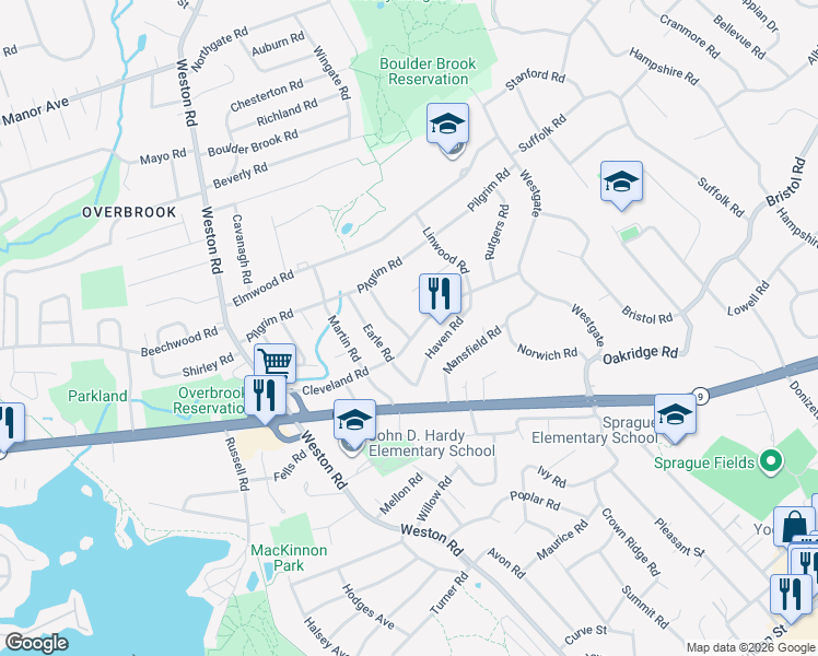 map of restaurants, bars, coffee shops, grocery stores, and more near 56 Cleveland Road in Wellesley