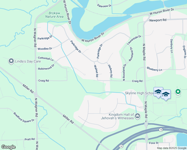 map of restaurants, bars, coffee shops, grocery stores, and more near 2521 Walnut Road in Ann Arbor